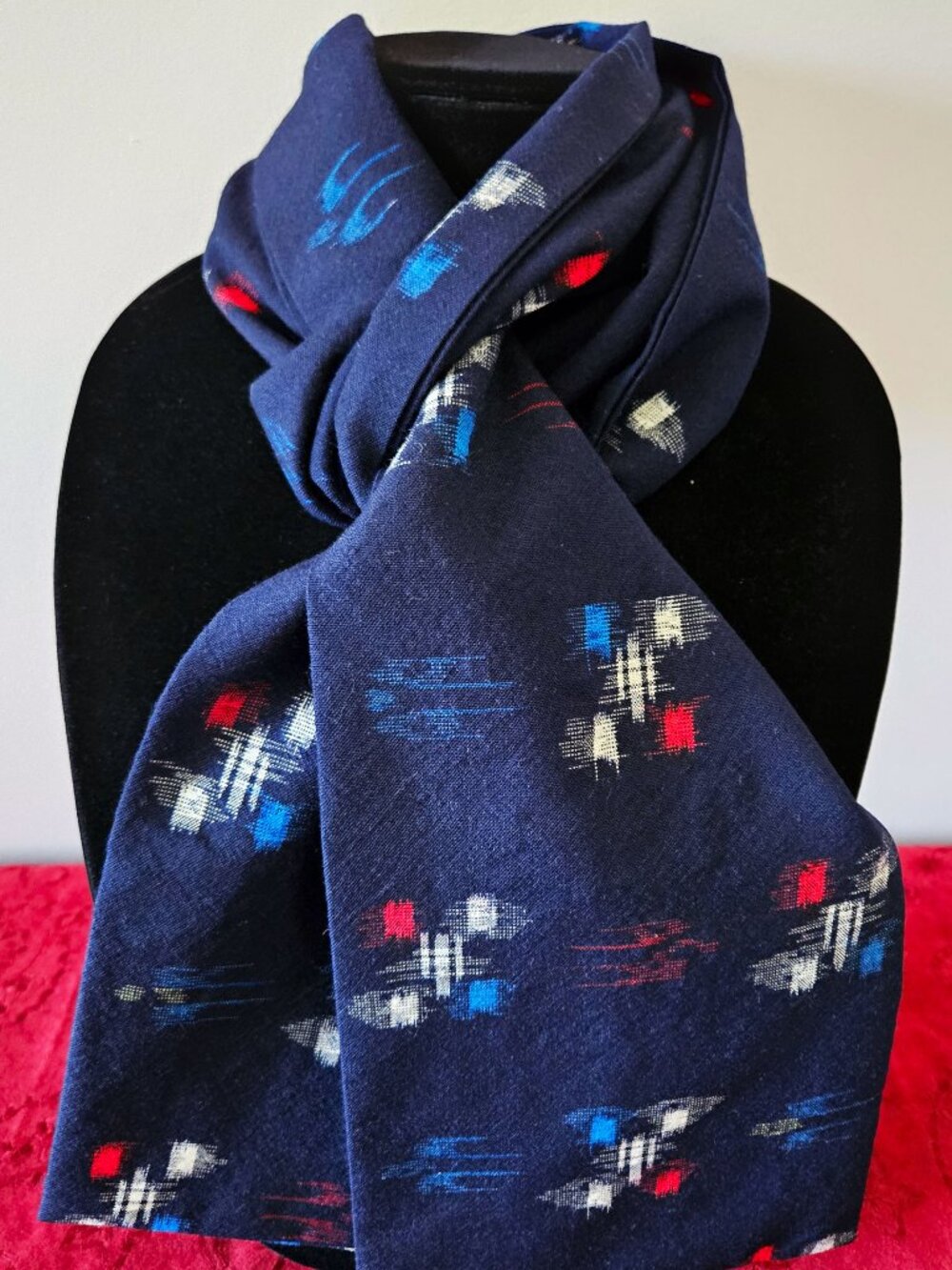 Japanese Kimono Scarf S4931 - Indigo Blue Kasuri Dyed Wool